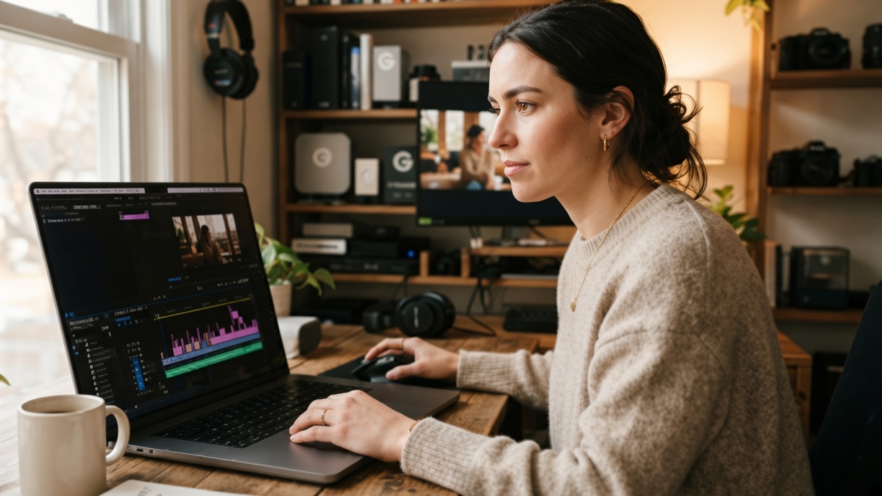 A video clipper edits a short-form timeline on a laptop at a wooden desk, with headphones, a mug, and cameras on the shelves.